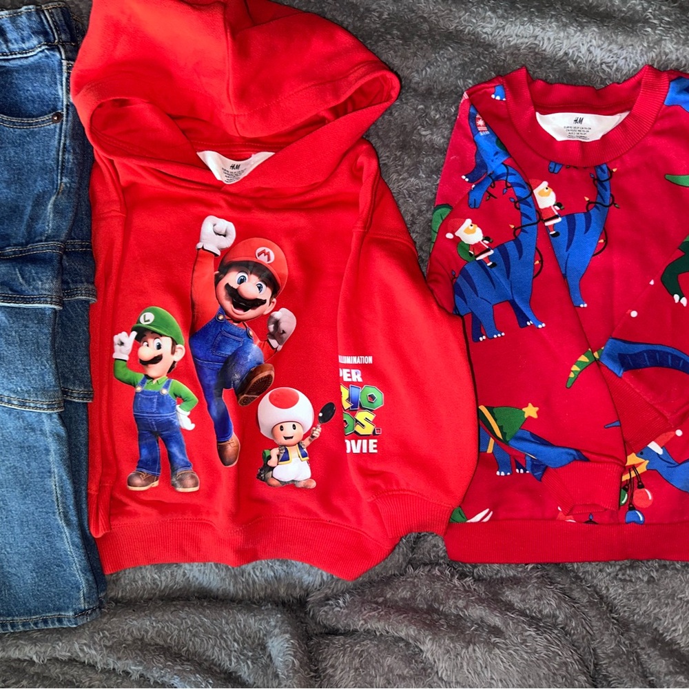 Super Mario Red Kids Hoodie and Christmas Dino sweater with jeans